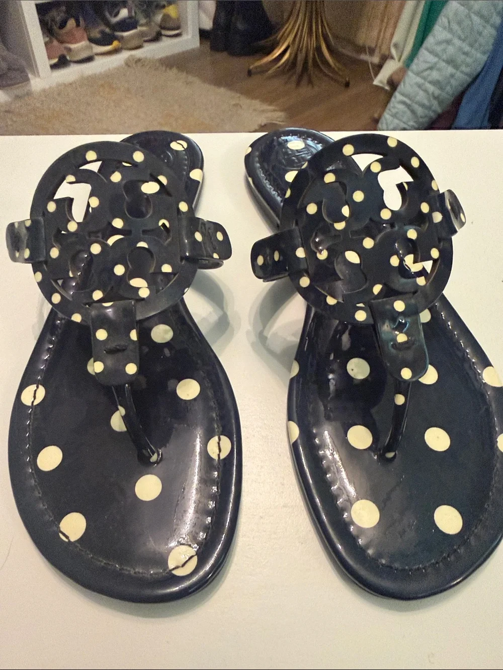 Tory Burch Navy Polka Dot Miller Sandals